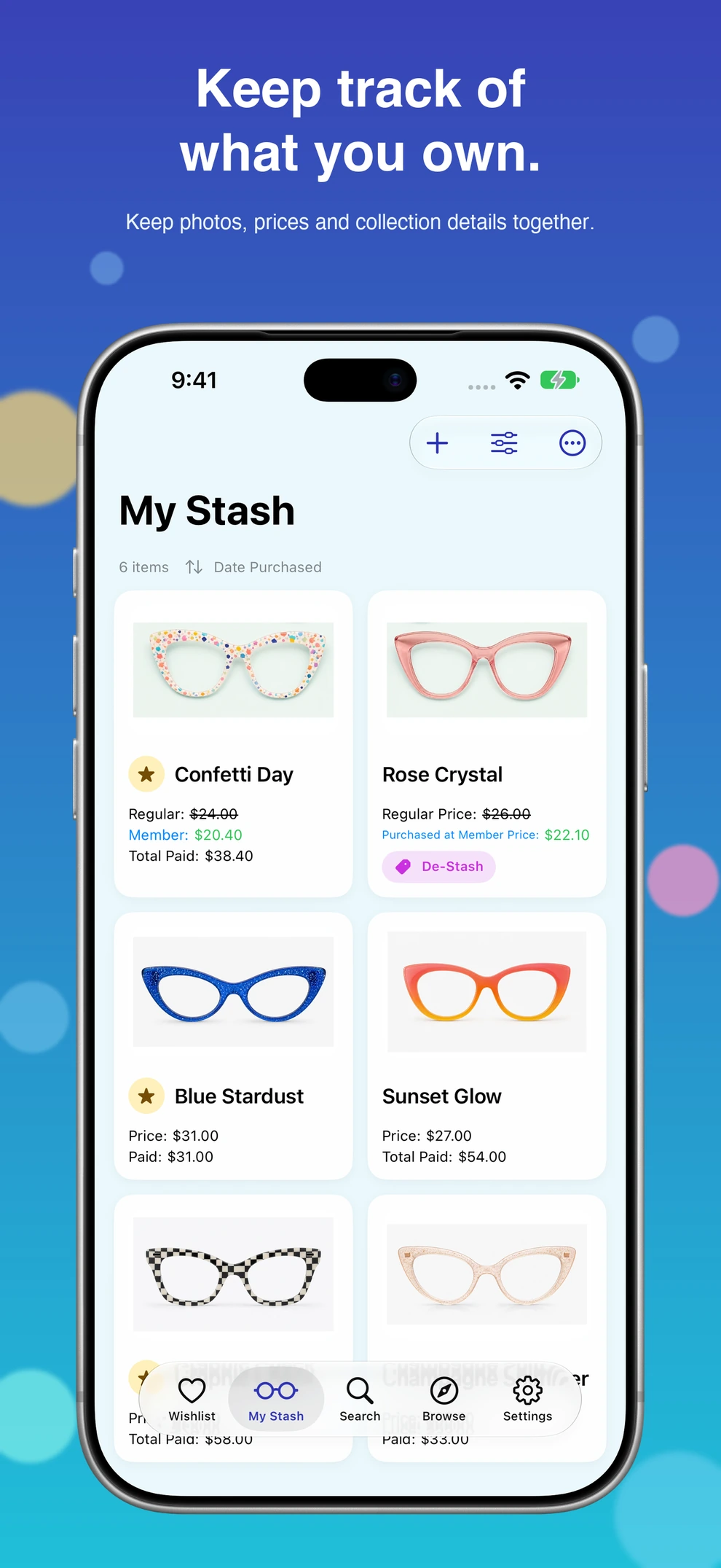 Current My Stash with five-tab navigation on iPhone